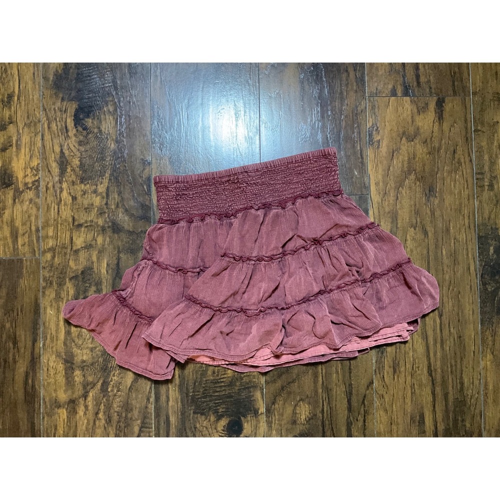 American Eagle Smocked Tiered Mini Skirt Burgundy Mauve Boho Ruffle Skater Small